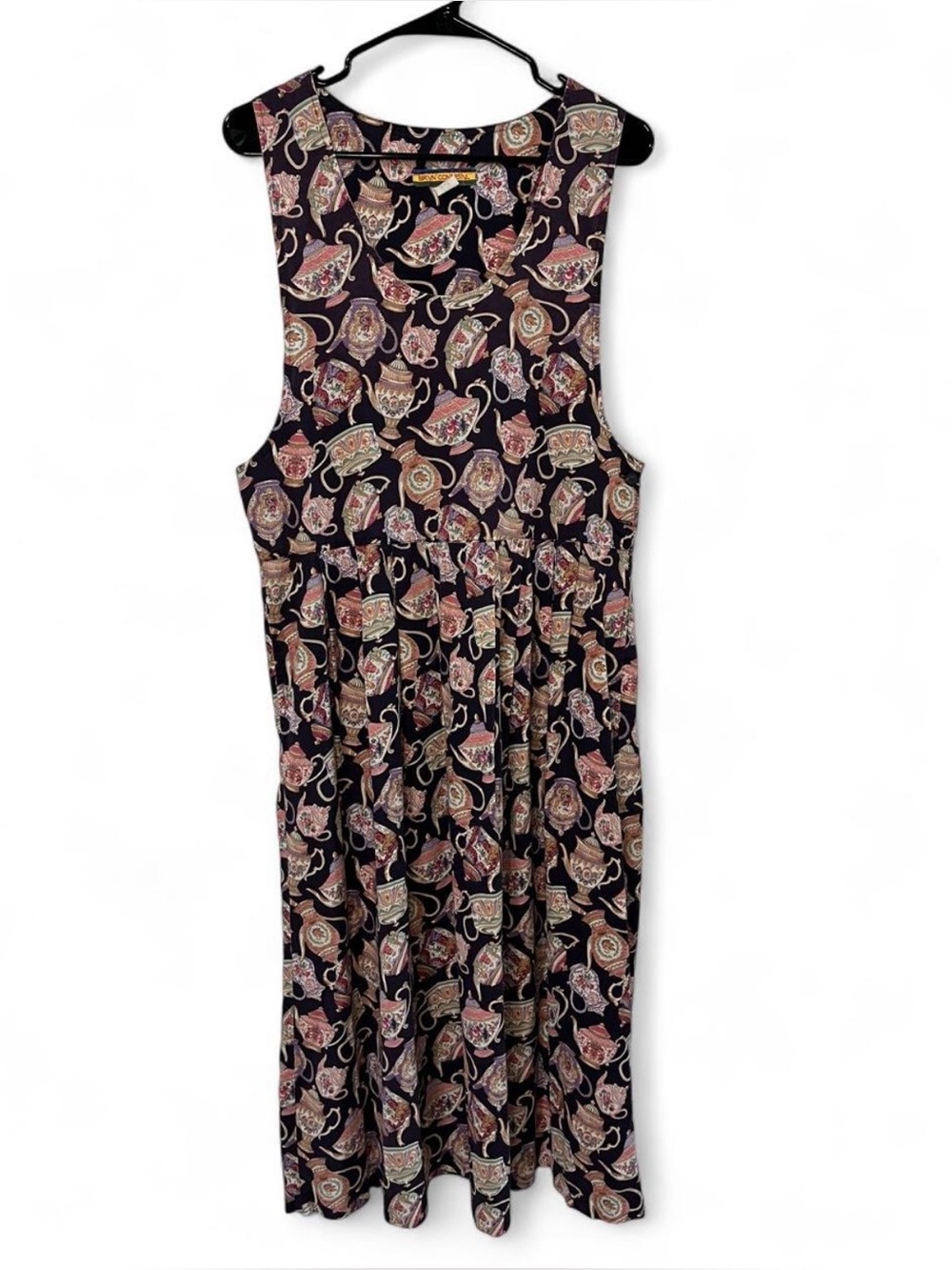 Vintage Bryn Connelly Teapot Print Midi Dress Pleated